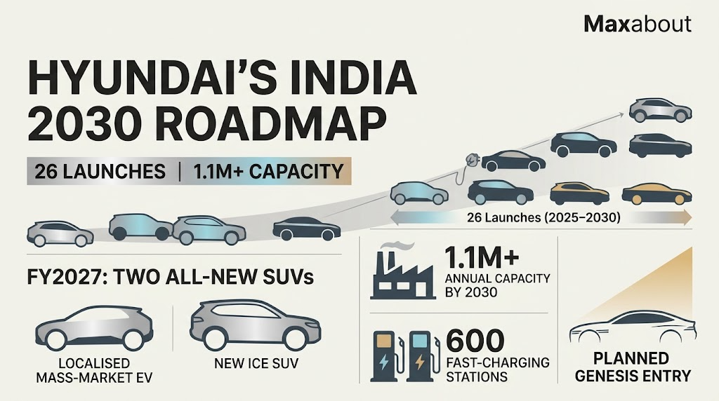 Hyundai India 2030 Roadmap: 26 Launches, 1.1 Million Capacity and 600 Fast Chargers