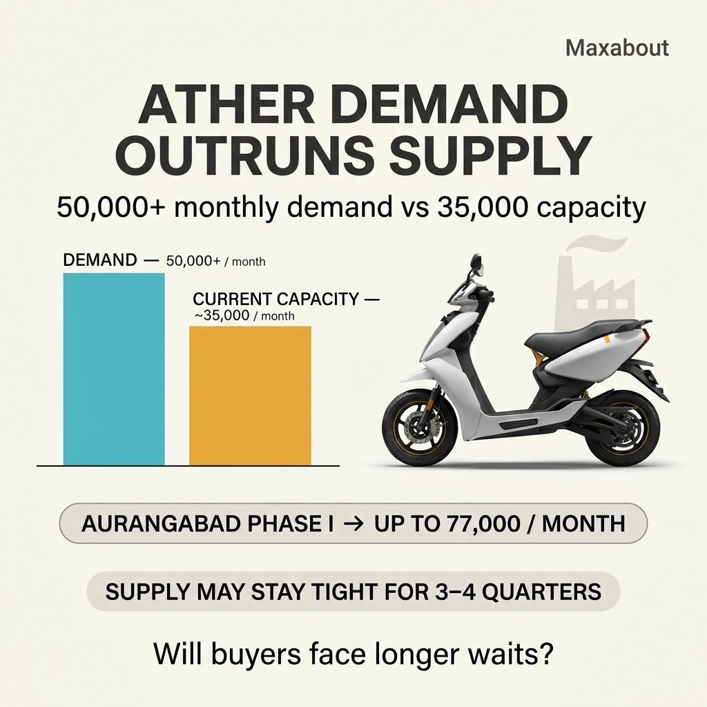 Ather monthly scooter demand versus current production capacity infographic