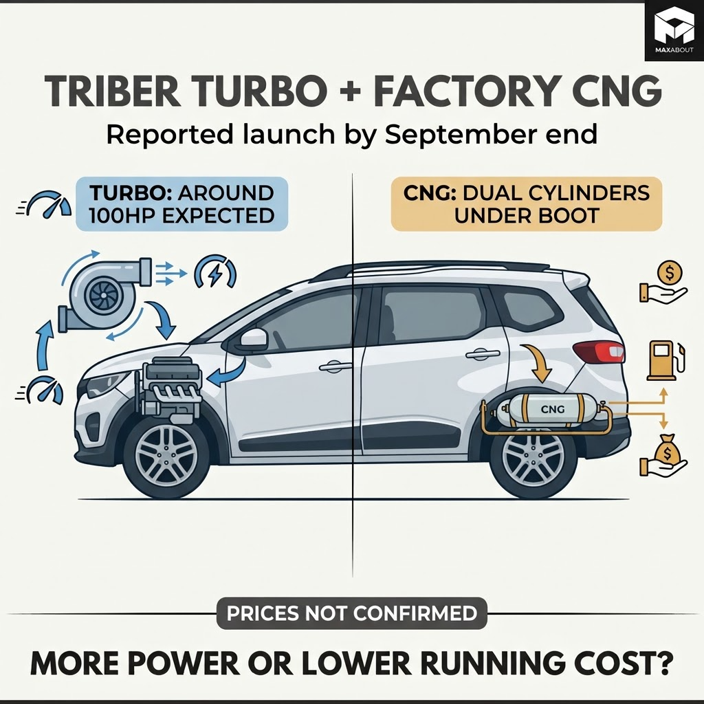 Triber turbo and dual cylinder CNG expected details infographic