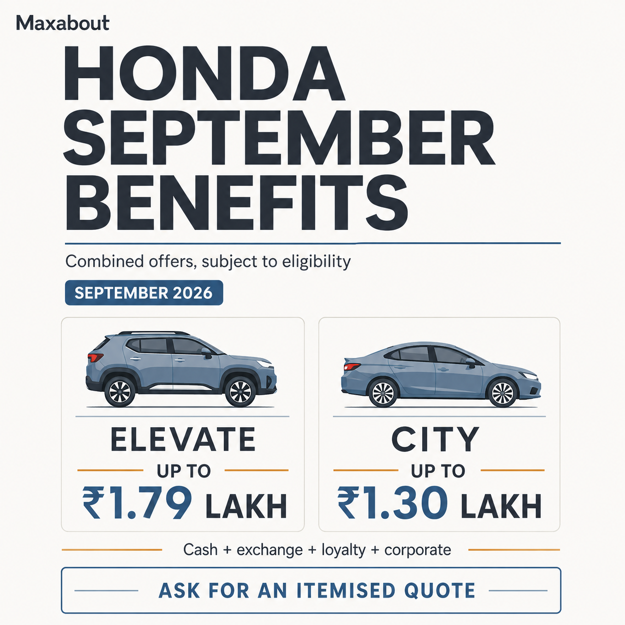Honda September benefits infographic showing Elevate and City maximum combined offers