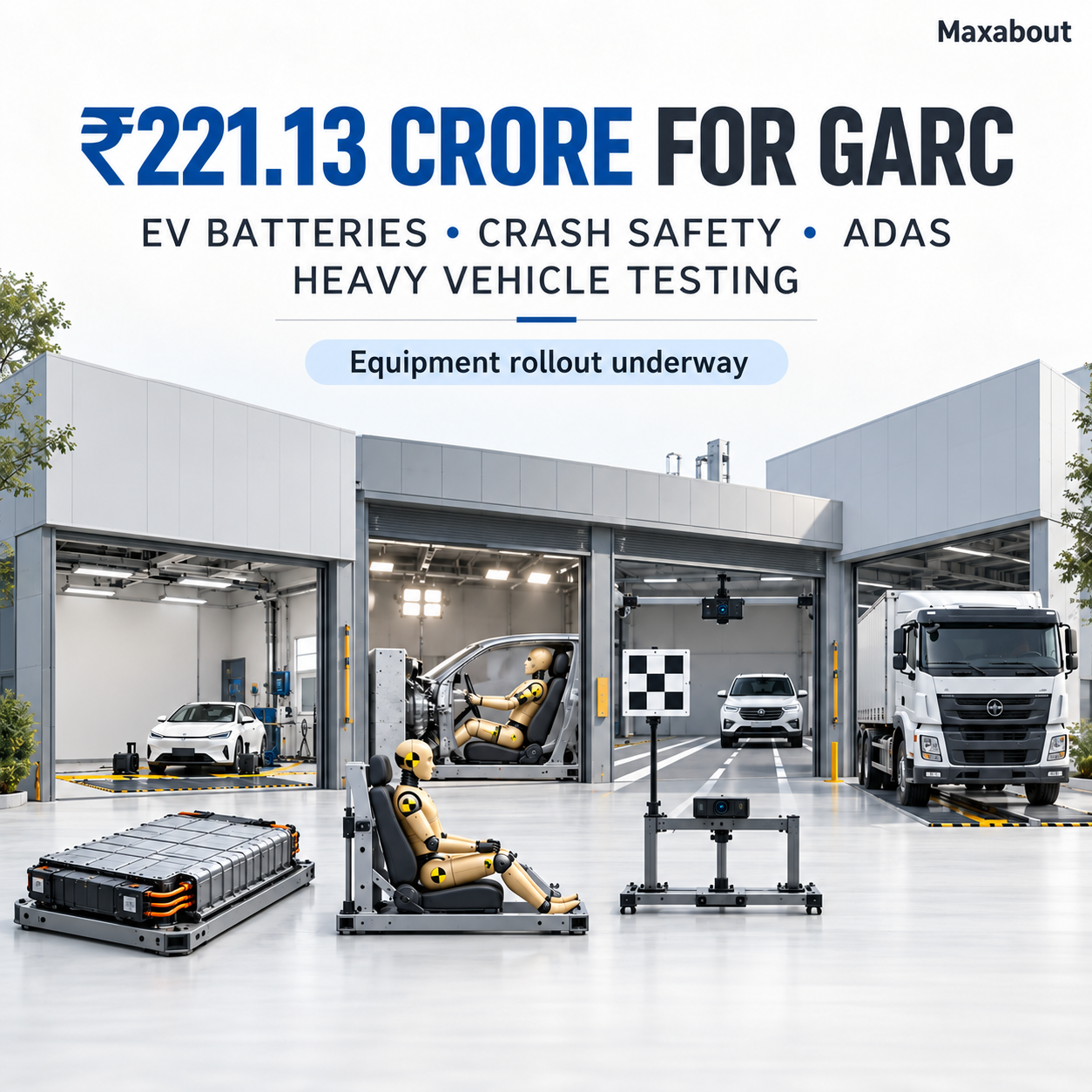 GARC testing upgrade infographic showing the ₹221.13 crore allocation and planned EV, safety, ADAS and heavy-vehicle test areas