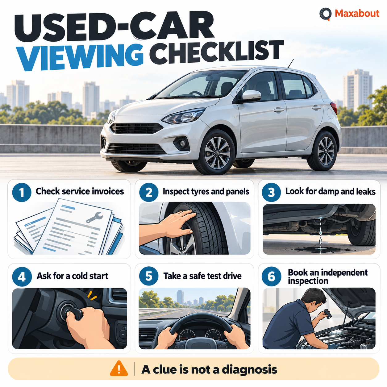 Six-step used-car viewing checklist covering invoices, tyres and panels, damp and leaks, cold start, safe test drive and independent inspection