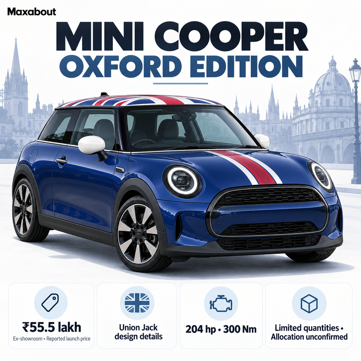 MINI Cooper Oxford Edition overview showing reported price, Union Jack details and engine output