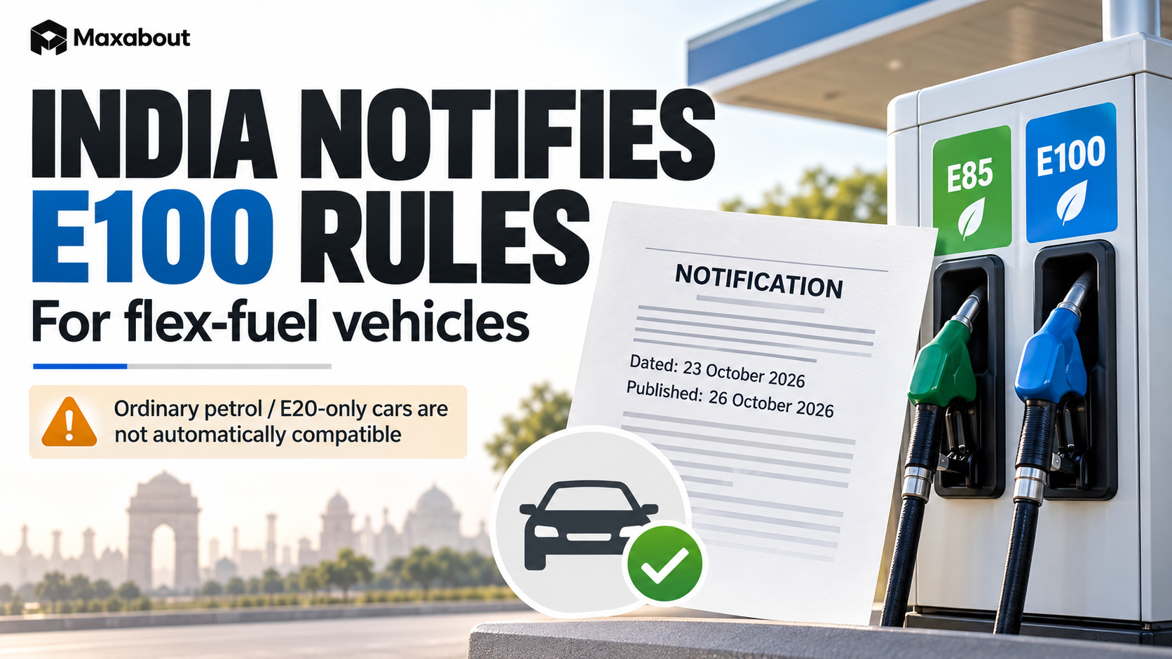 India E100 rules notified: what changes for flex-fuel and E20-only cars