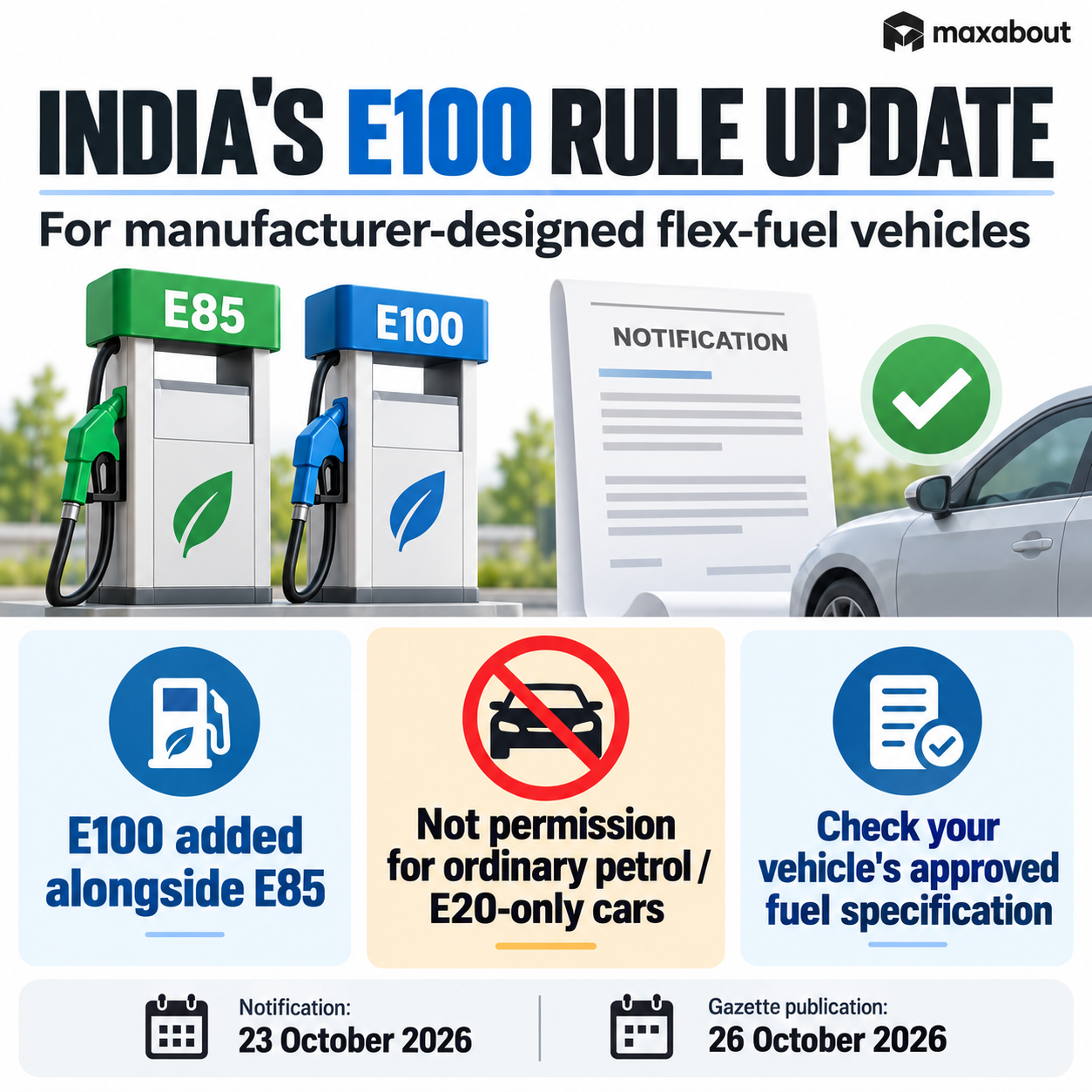 E100 regulation infographic distinguishing flex-fuel vehicles from ordinary petrol and E20-only cars