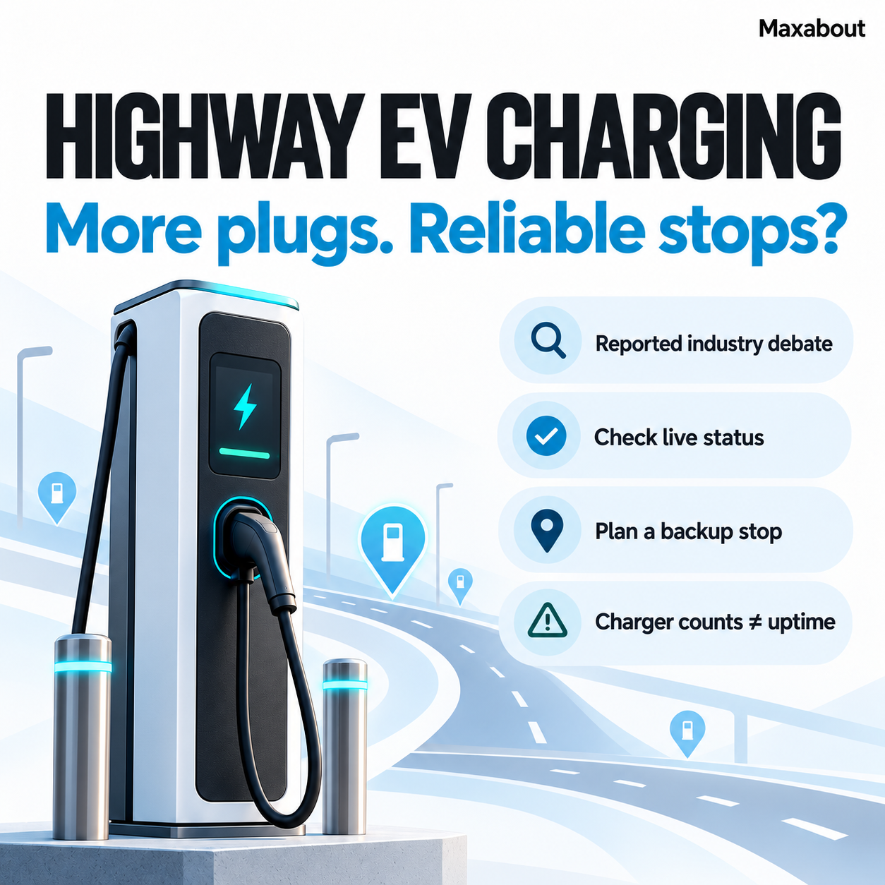 Highway EV charging checklist showing live-status checks and backup stops