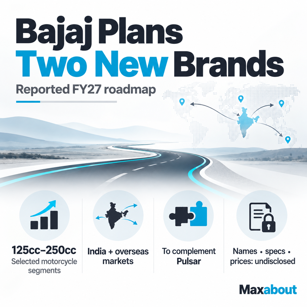 Bajaj two-brand infographic separating the reported displacement and market scope from undisclosed names, specifications and prices