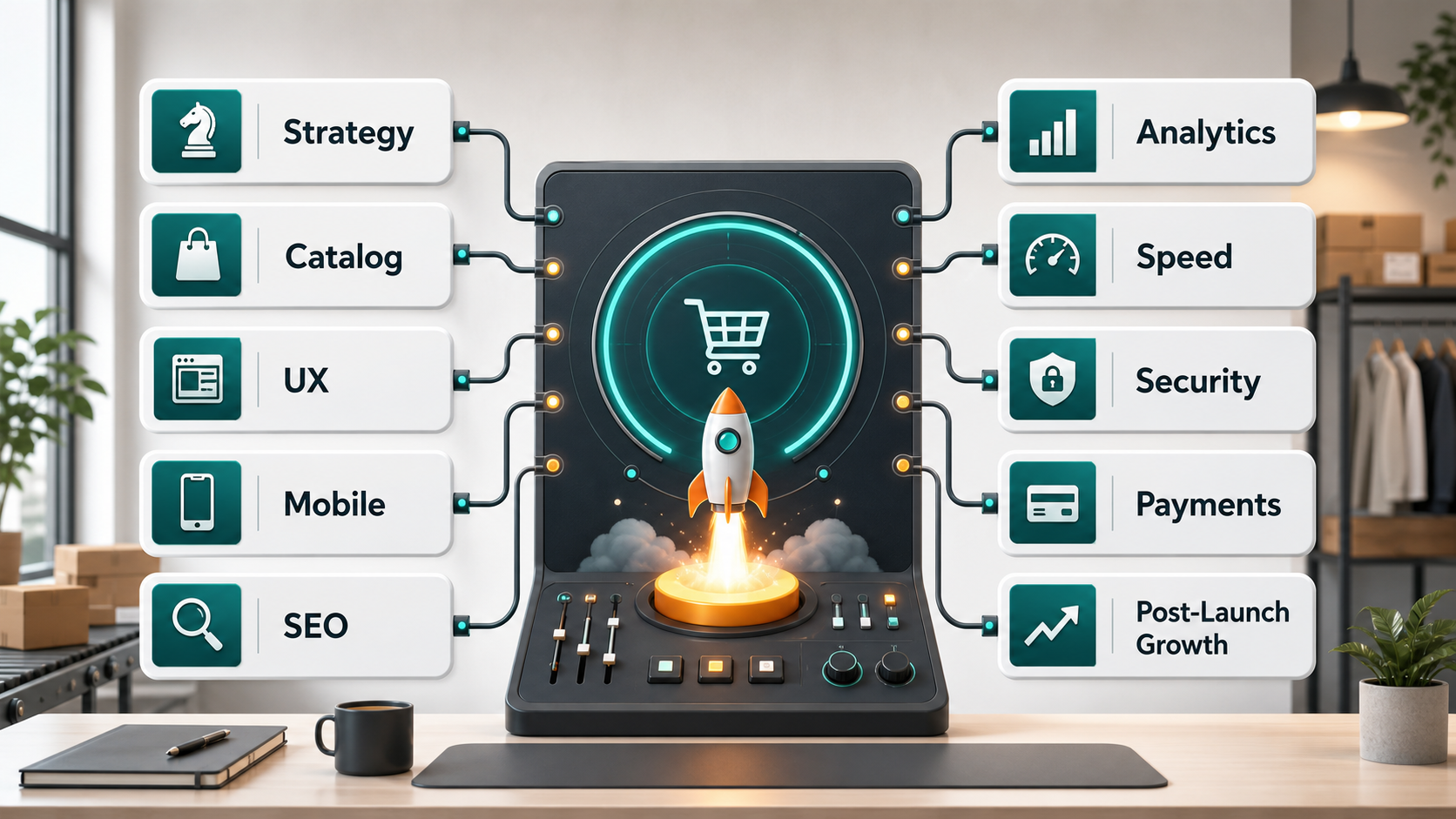 E-commerce website launch checklist connecting strategy, catalog, UX, mobile, SEO, analytics, speed, security, payments, and growth