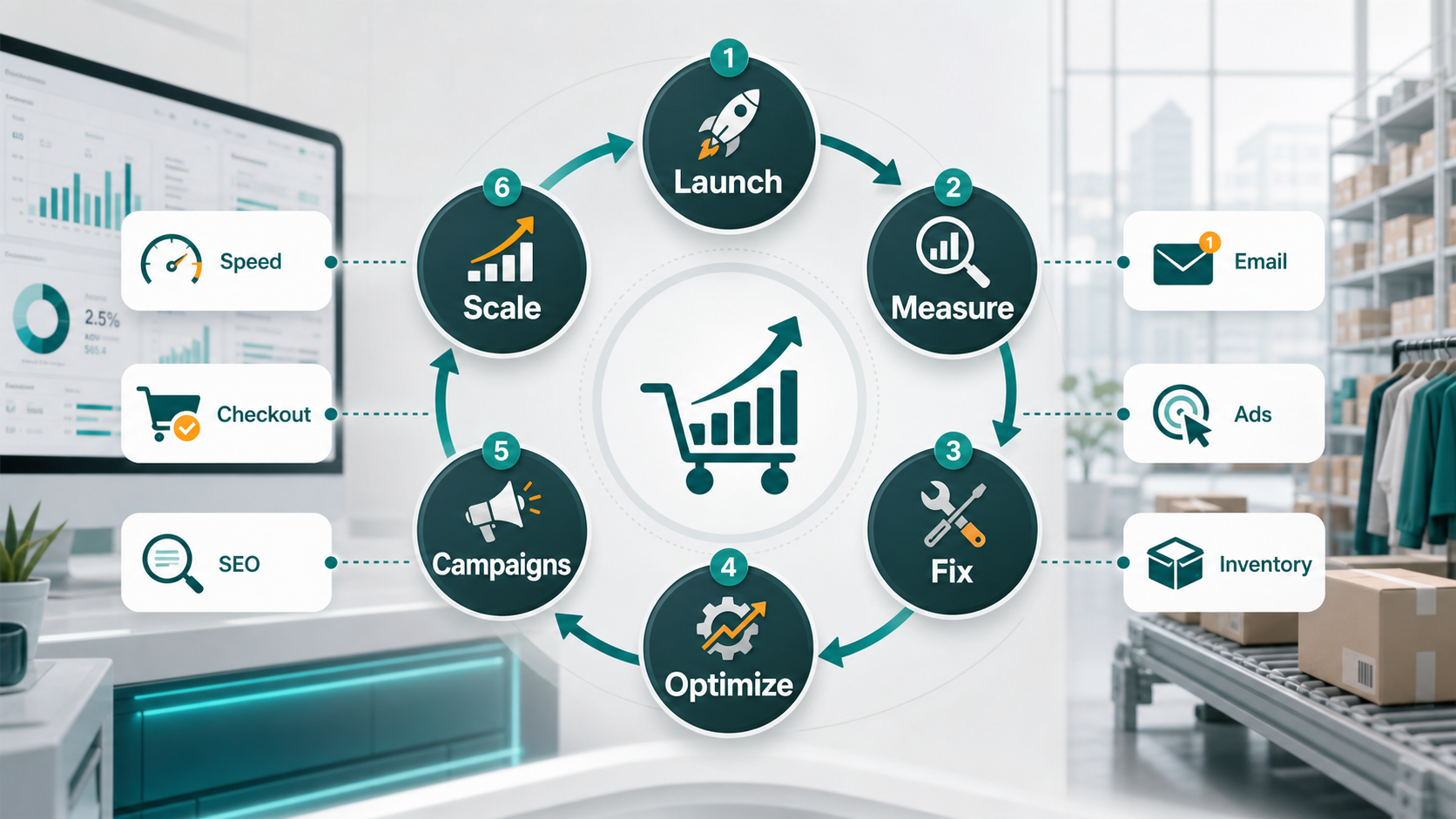 E-commerce launch-to-growth loop from launch to measure, fix, optimize, campaigns, and scale