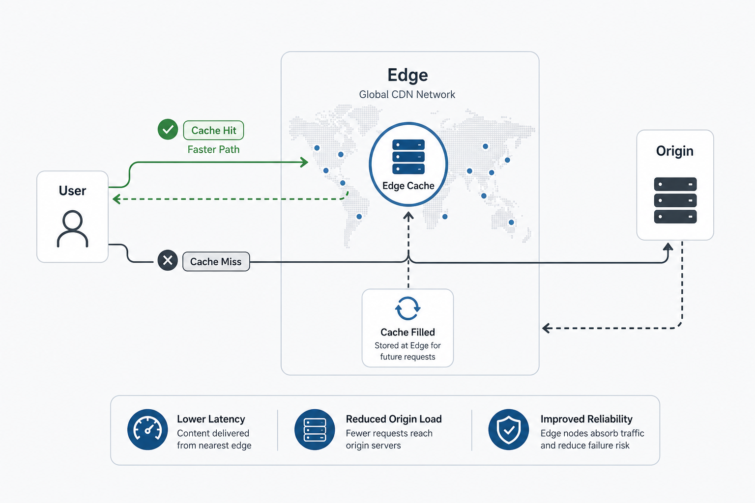 CDN edge routing diagram showing user requests, cache hits, cache misses, edge cache, origin server, lower latency, reduced origin load, and improved reliability