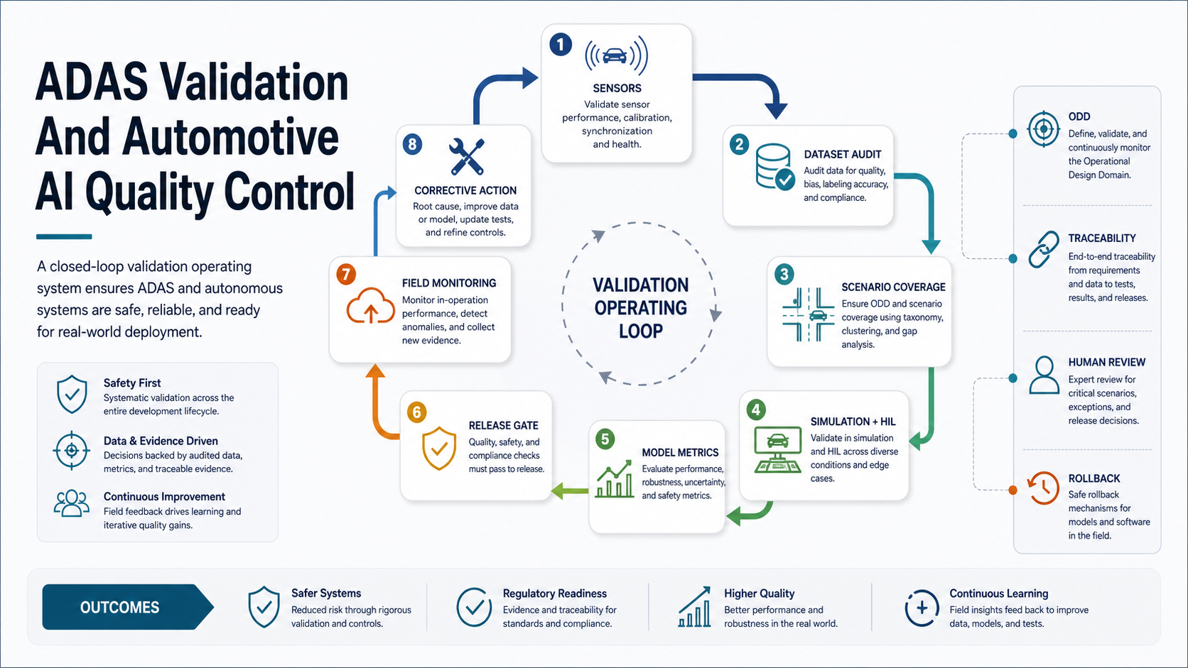 ADAS validation and automotive AI quality control operating loop with sensors, dataset audit, scenario coverage, simulation, hardware in the loop, model metrics, release gate, field monitoring, and corrective action