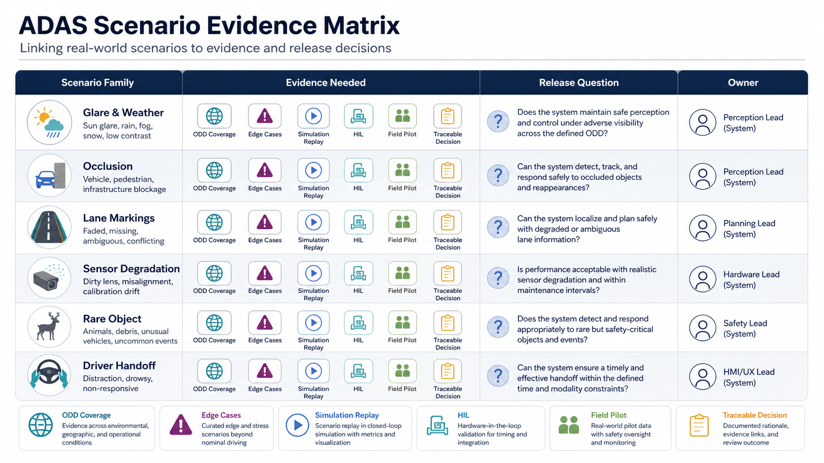 ADAS scenario evidence matrix linking glare, weather, occlusion, lane markings, sensor degradation, rare objects, and driver handoff to ODD coverage, edge cases, simulation replay, HIL, field pilots, traceable decisions, and owners