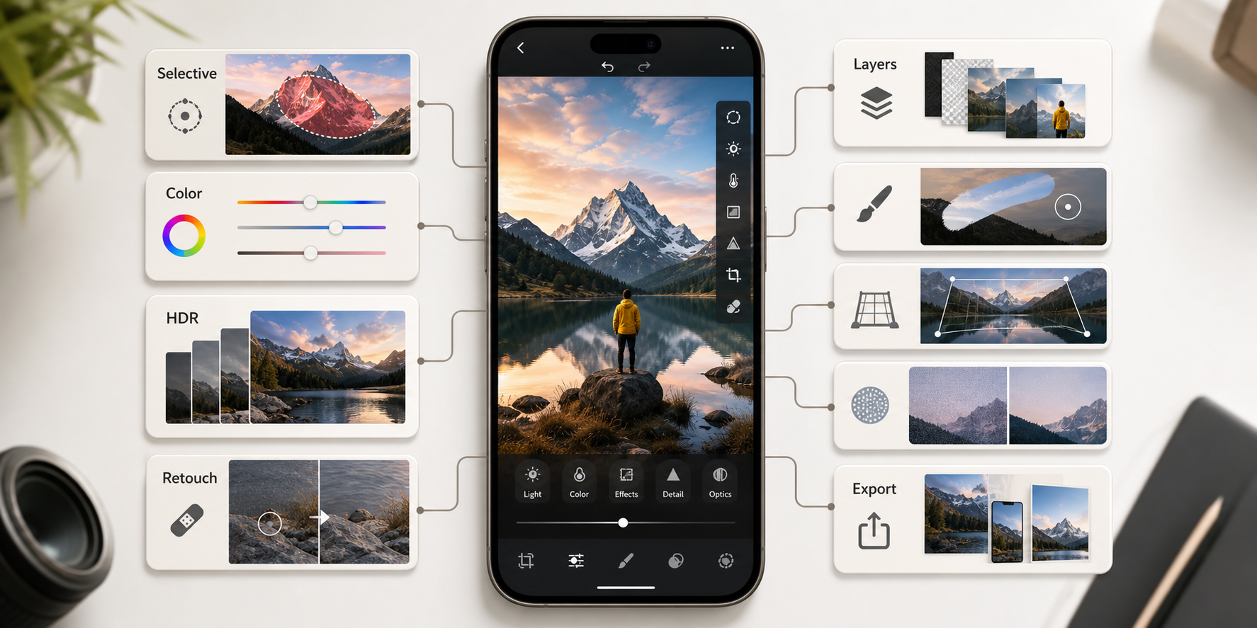Advanced photo editing app tool system with selective edits, color controls, HDR, retouching, layers, export, and mobile editor preview
