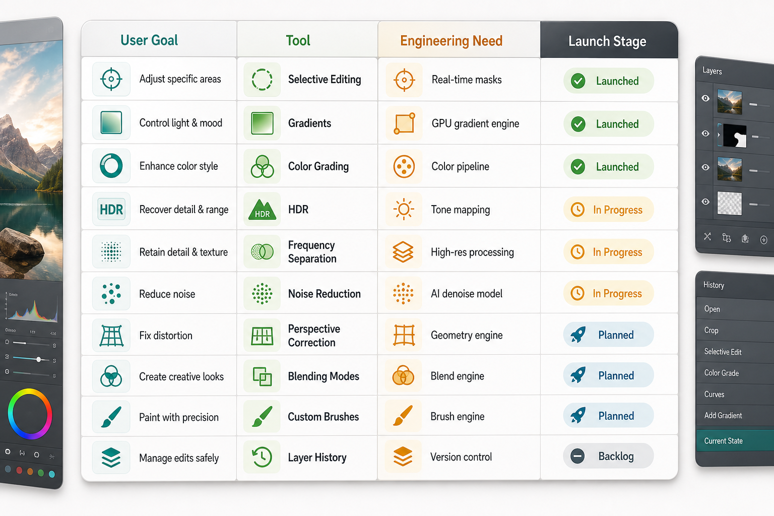 Advanced photo editing tool selection matrix comparing user goals, tool families, engineering needs, and launch stages