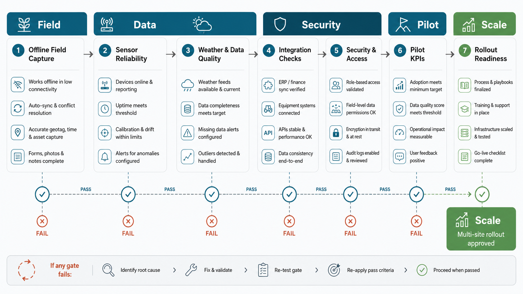 Field-readiness gates workflow for agriculture software showing offline capture, sensor reliability, weather data quality, integrations, security, pilot KPIs, and scale approval