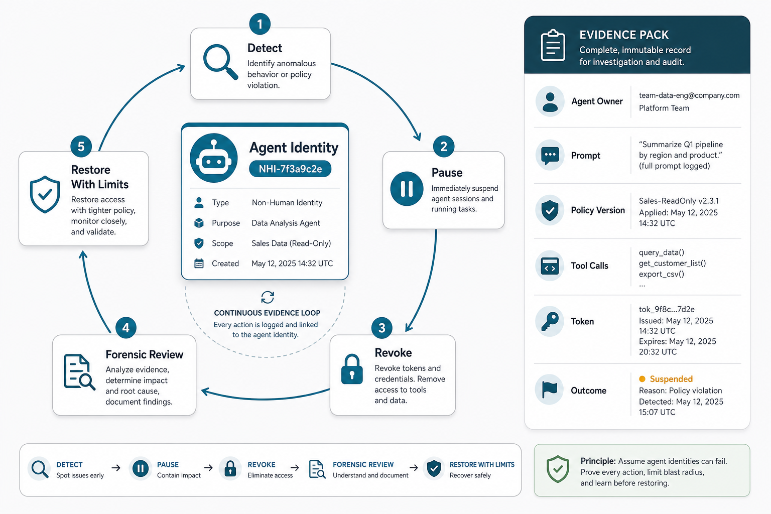Incident response evidence loop for AI agent identities showing detect, pause, revoke, forensic review, restore with limits, and an evidence pack