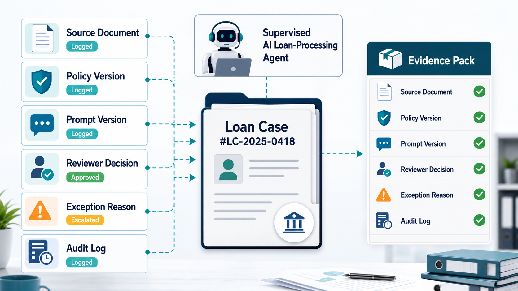Compliance evidence pack for a supervised loan-processing AI agent with source document, policy version, prompt version, reviewer decision, exception reason, and audit log