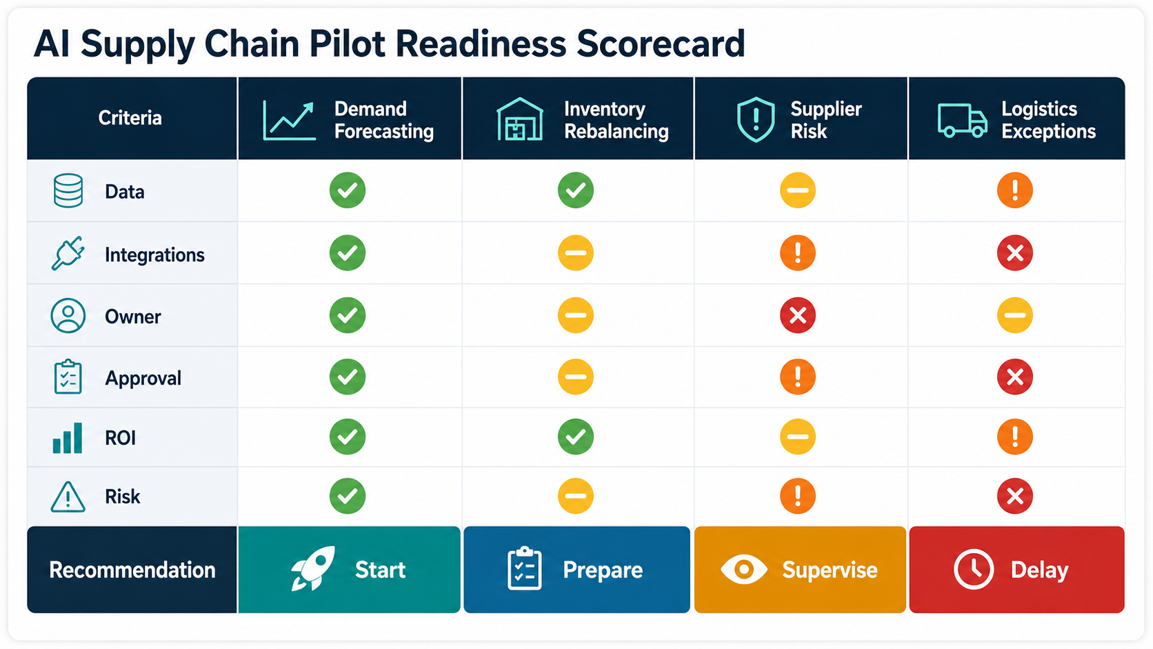 AI supply chain pilot readiness scorecard comparing demand forecasting, inventory rebalancing, supplier risk, and logistics exceptions by data, integrations, owner, approval, ROI, and risk