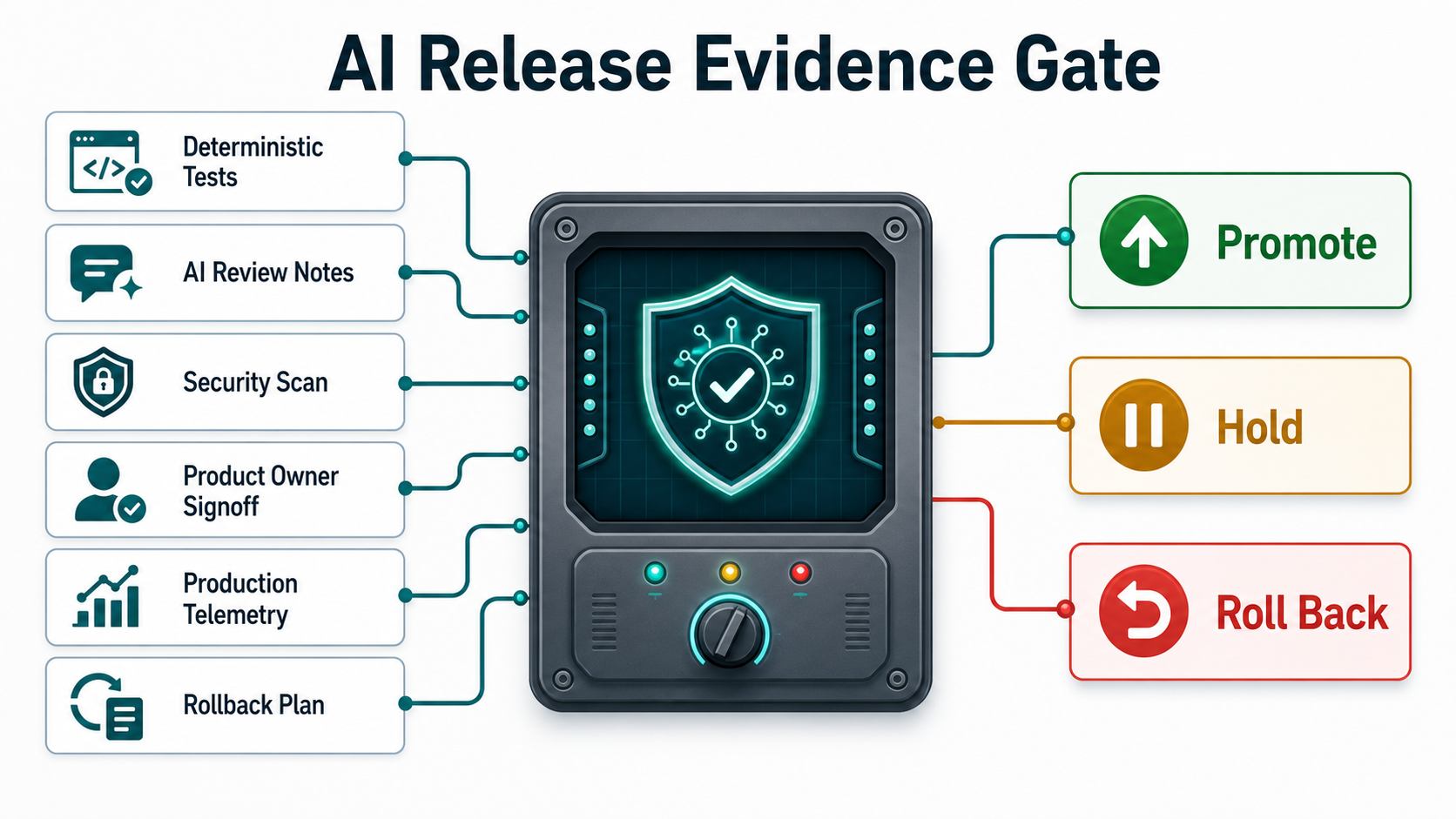 AI release evidence gate with deterministic tests, AI review notes, security scan, product owner signoff, production telemetry, rollback plan, and promote hold rollback outcomes