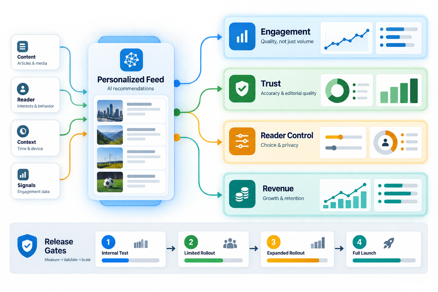 AI personalization metrics dashboard for news apps showing engagement quality, trust, reader control, revenue retention, and release gates