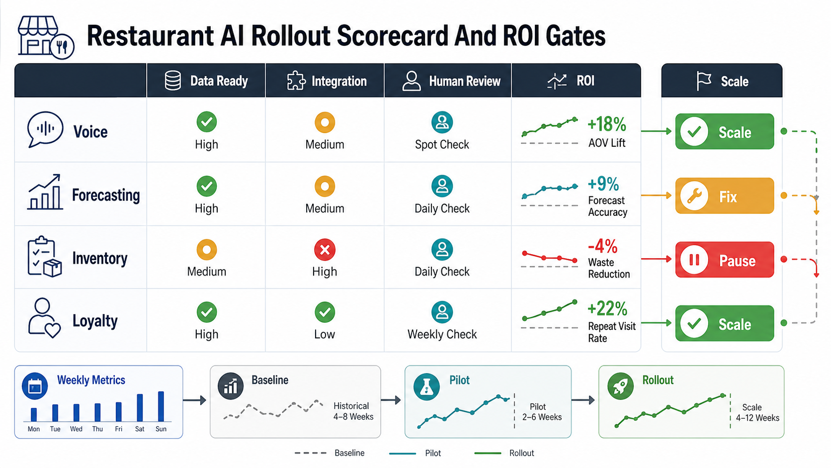 AI restaurant pilot scorecard showing data readiness, integration effort, human review, ROI signal, and scale, fix, or pause rollout decisions