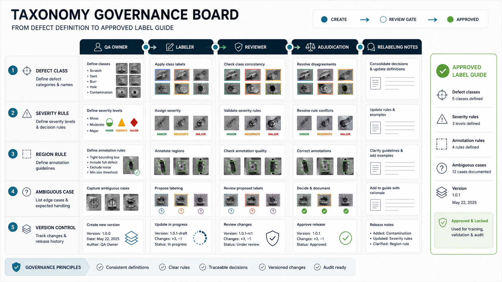 Taxonomy governance board showing defect class, severity rule, region rule, ambiguous case, version control, QA owner, labeler, reviewer, adjudication, relabeling notes, and approved label guide