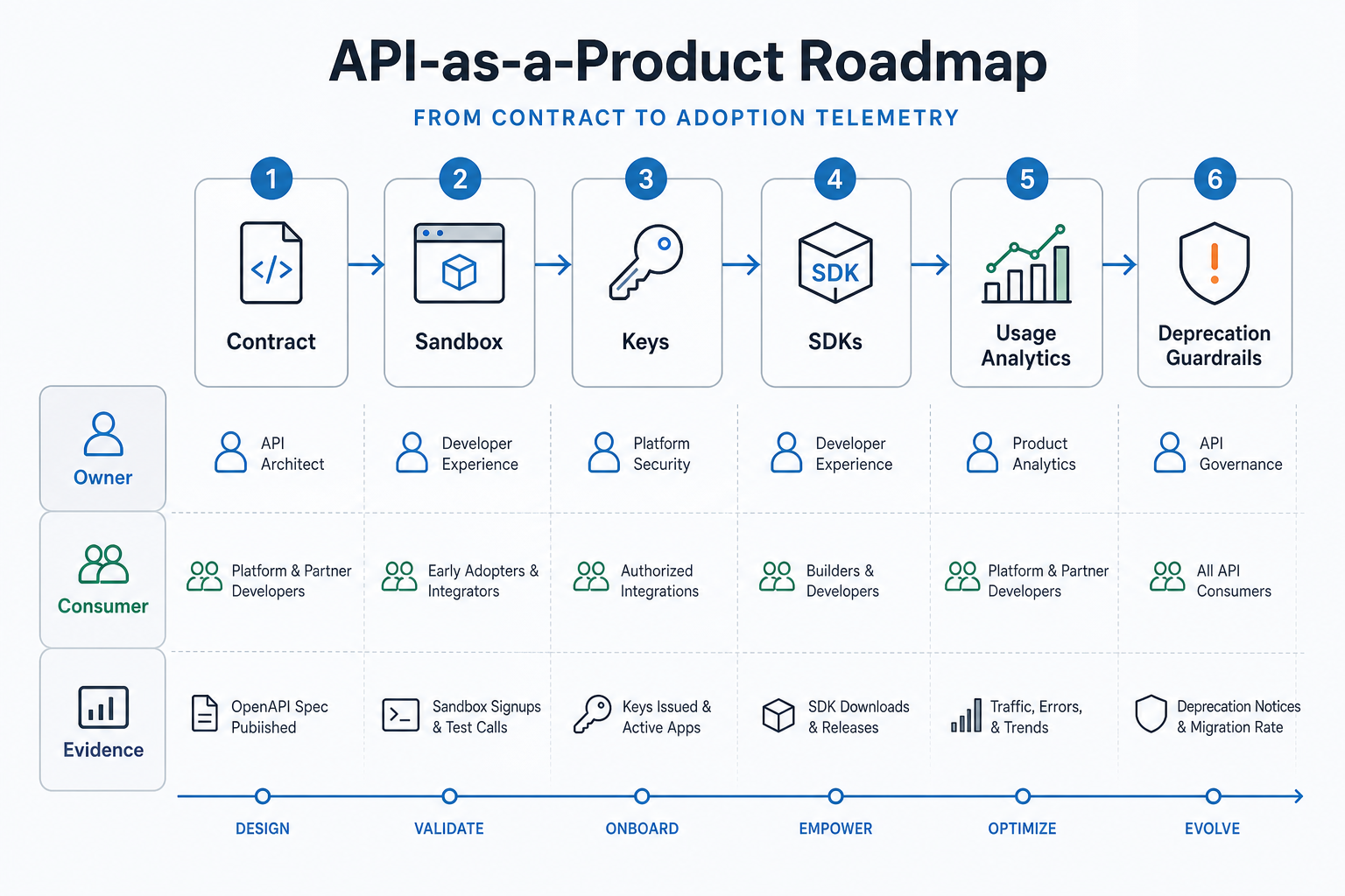 API-as-a-product roadmap showing contract sandbox keys SDKs usage analytics and deprecation guardrails from design to evolve