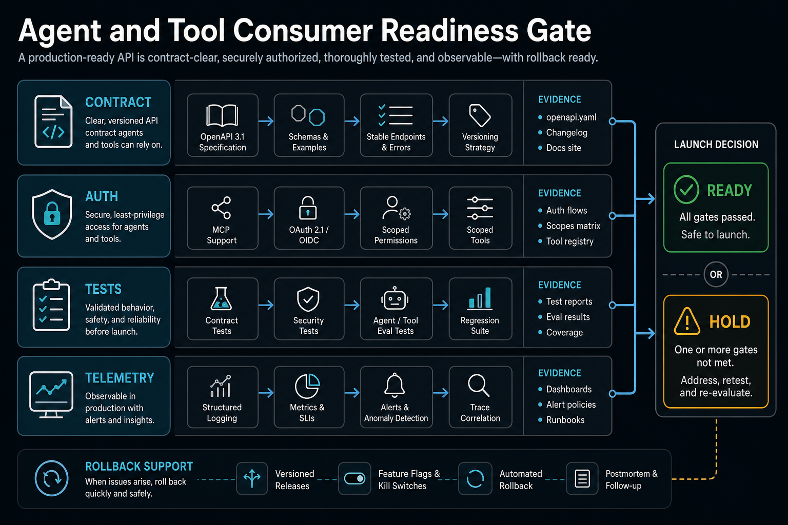Agent and tool consumer readiness gate showing contract authorization tests telemetry rollback support and ready or hold launch decisions