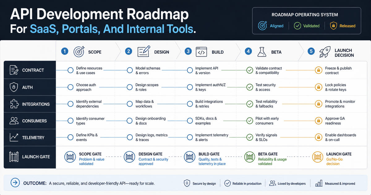 API development roadmap operating system showing contract auth integrations consumers telemetry and launch gate lanes