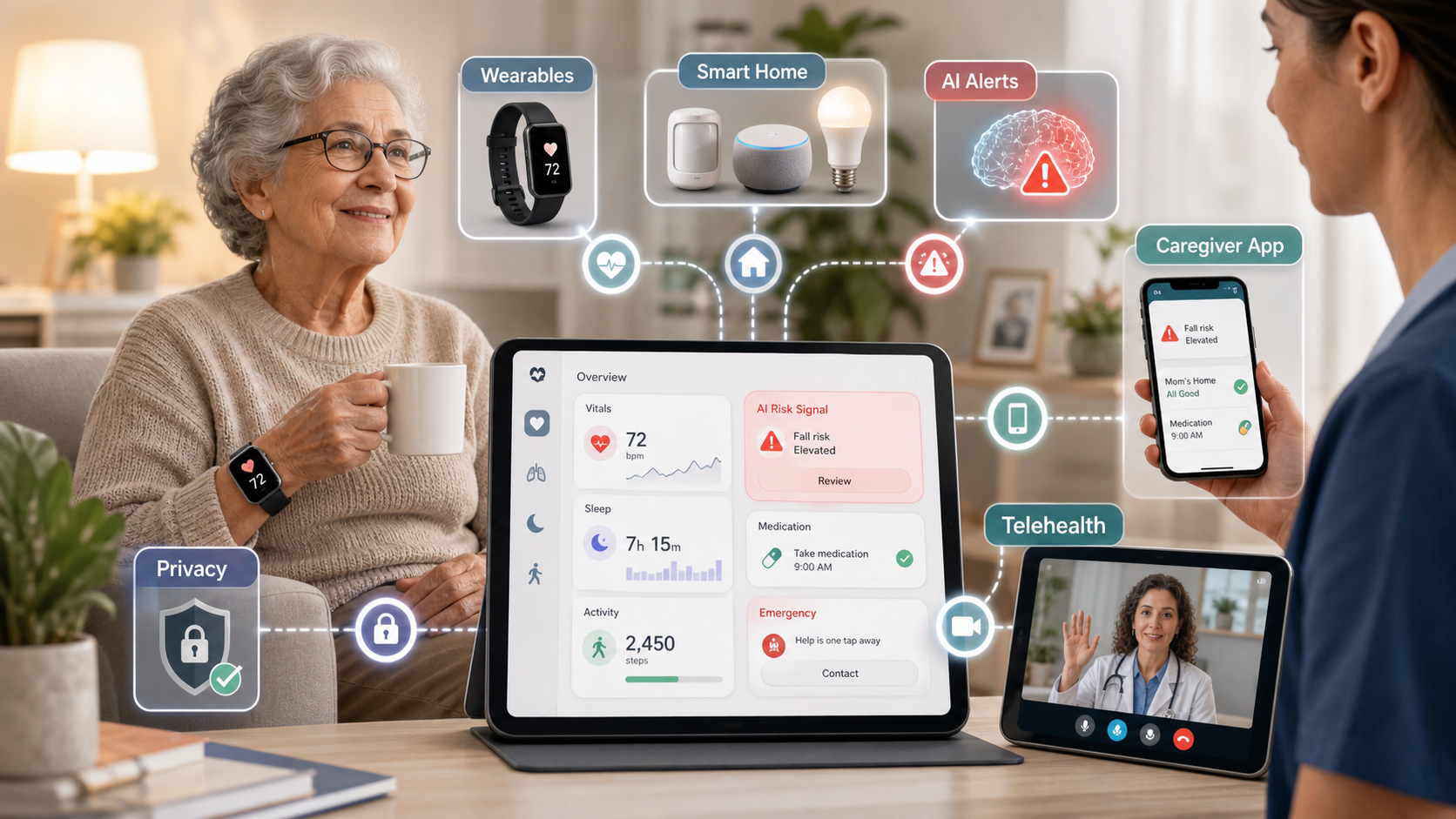AI and IoT elderly care feature priority matrix across MVP, advanced, and scale stages for safety monitoring, medication support, caregiver workflow, telehealth, AI insights, privacy, and device integrations