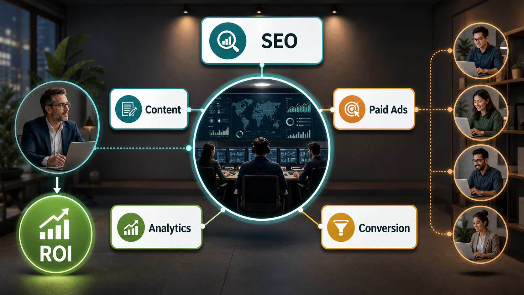 Featured banner showing outsourced digital marketing operations connected to SEO, content, paid ads, analytics, conversion, and ROI