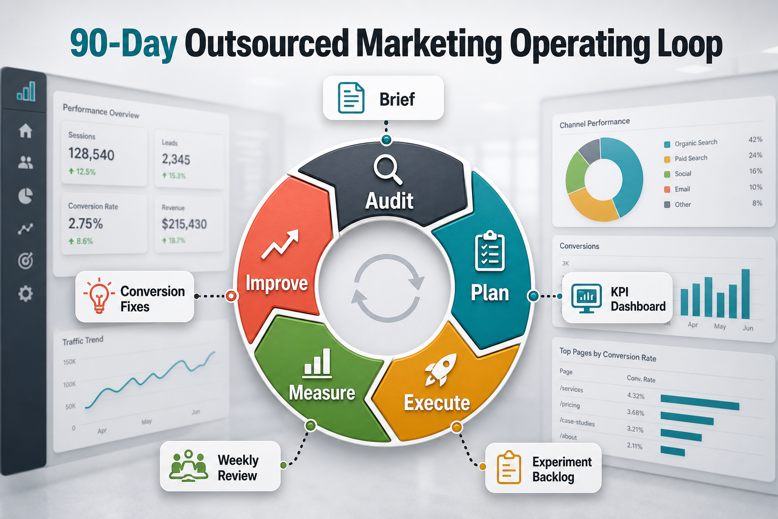 90-day outsourced marketing operating loop showing audit, plan, execute, measure, and improve stages with review checkpoints