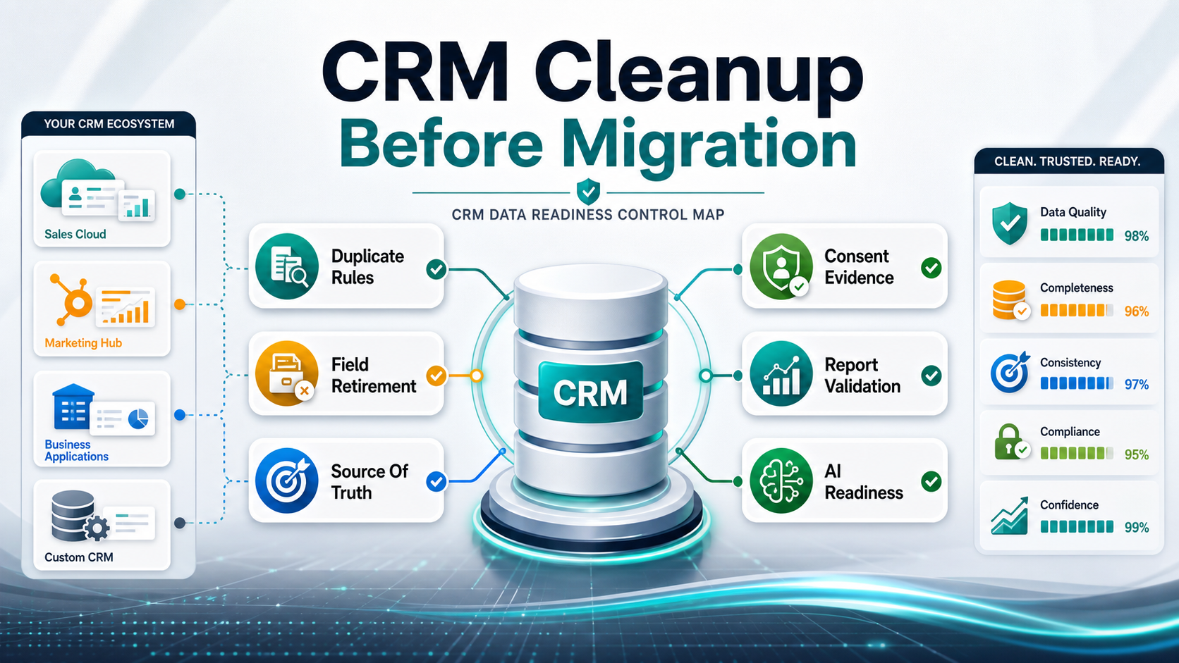 CRM cleanup before migration control map with duplicate rules, field retirement, source of truth, consent evidence, report validation, and AI readiness checkpoints