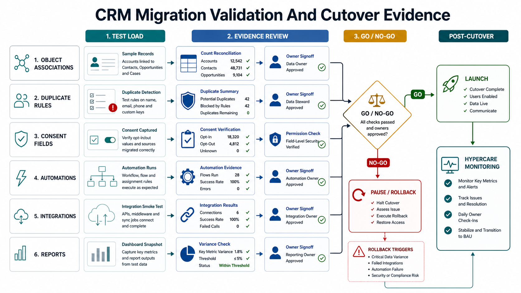 CRM migration validation and cutover evidence board showing object associations, duplicate rules, consent fields, automations, integrations, reports, go no-go, rollback triggers, and hypercare monitoring