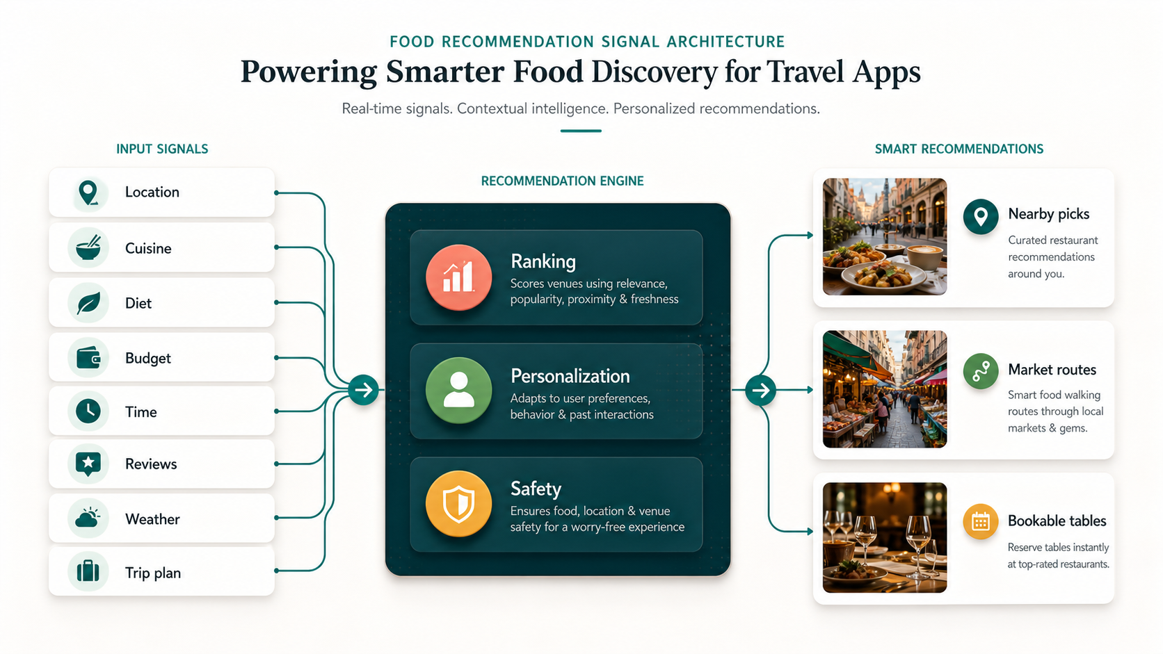 Food recommendation signal architecture for a travel app using location, cuisine, diet, budget, reviews, weather, trip plan, ranking, personalization, and safety