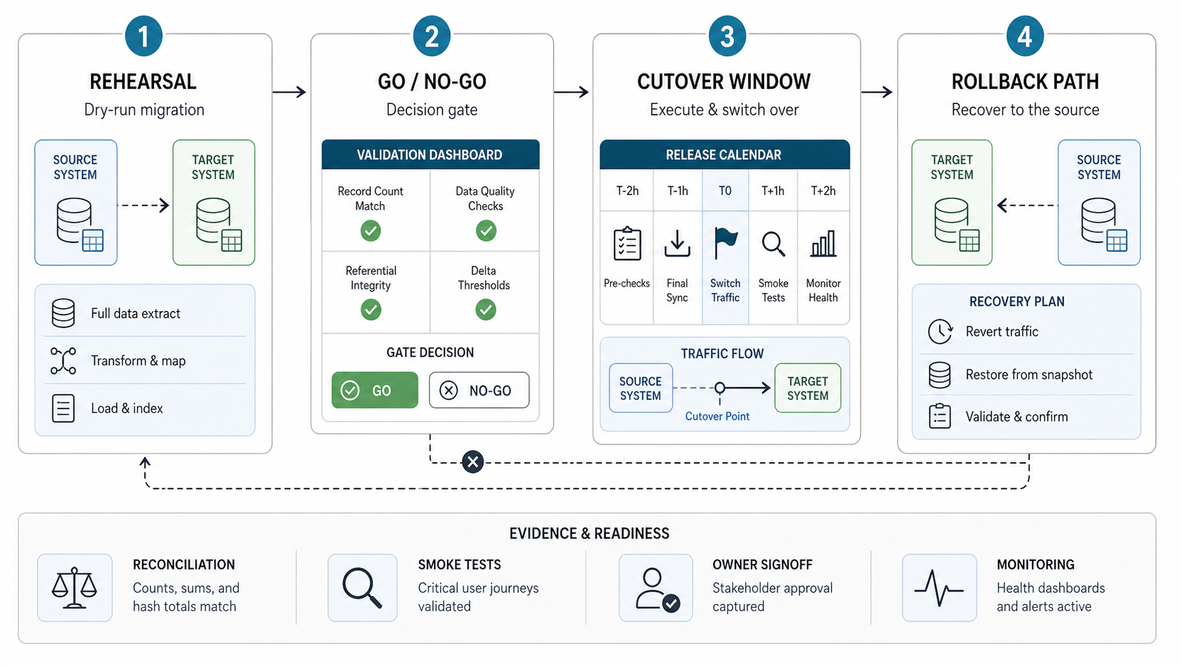 Cutover readiness workflow for data migration showing rehearsal, go no-go validation, cutover window, rollback path, reconciliation, smoke tests, owner signoff, and monitoring