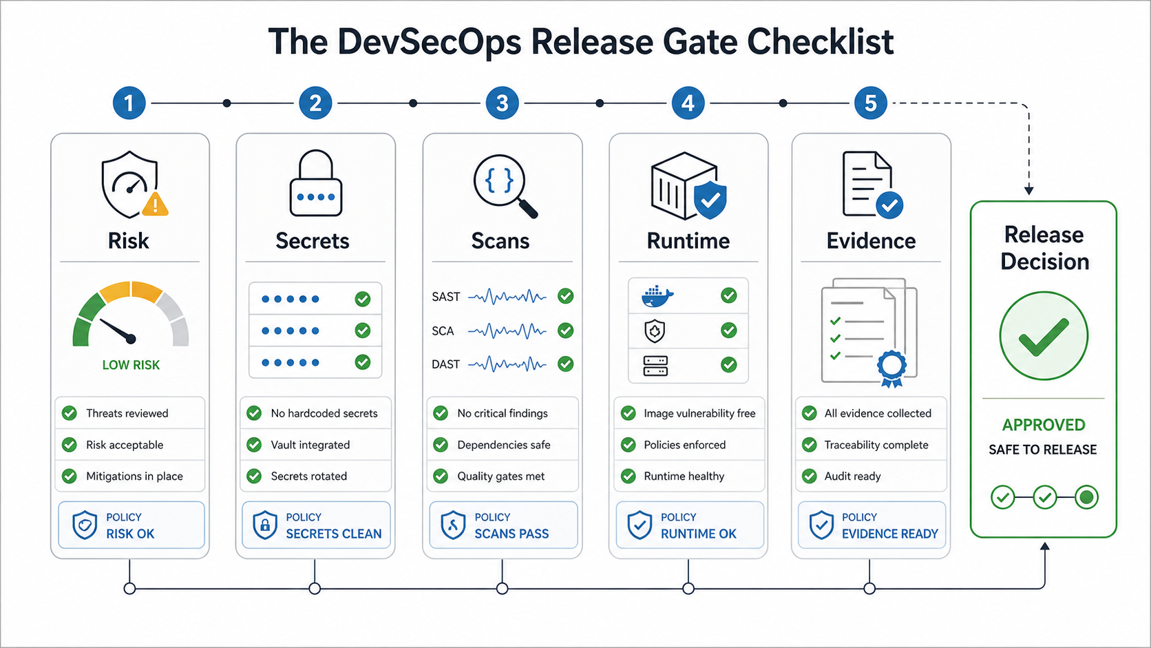 DevSecOps release gate checklist showing risk, secrets, scans, runtime checks, evidence, and release decision