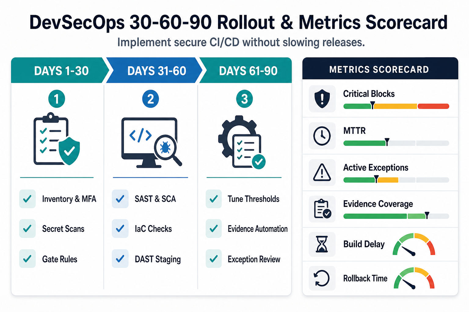 DevSecOps 30-60-90 rollout and metrics scorecard showing foundation controls, security checks, governance tuning, and delivery metrics