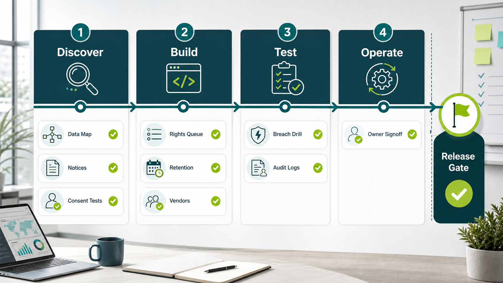 DPDP release evidence gate showing discover, build, test, and operate stages with data map, notices, consent tests, rights queue, retention, vendor review, breach drill, audit logs, and owner signoff