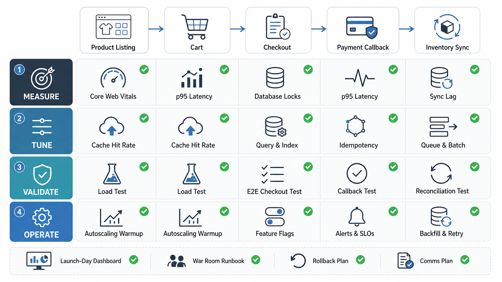 Ecommerce campaign readiness matrix showing measure, tune, validate, and operate lanes for checkout performance, Core Web Vitals, cache hit rate, database locks, autoscaling warmup, load tests, rollback, and launch-day dashboards
