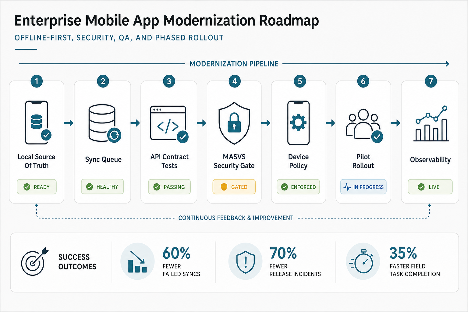 Enterprise mobile modernization pipeline from local data and sync queues to security gates device policy pilot rollout and observability