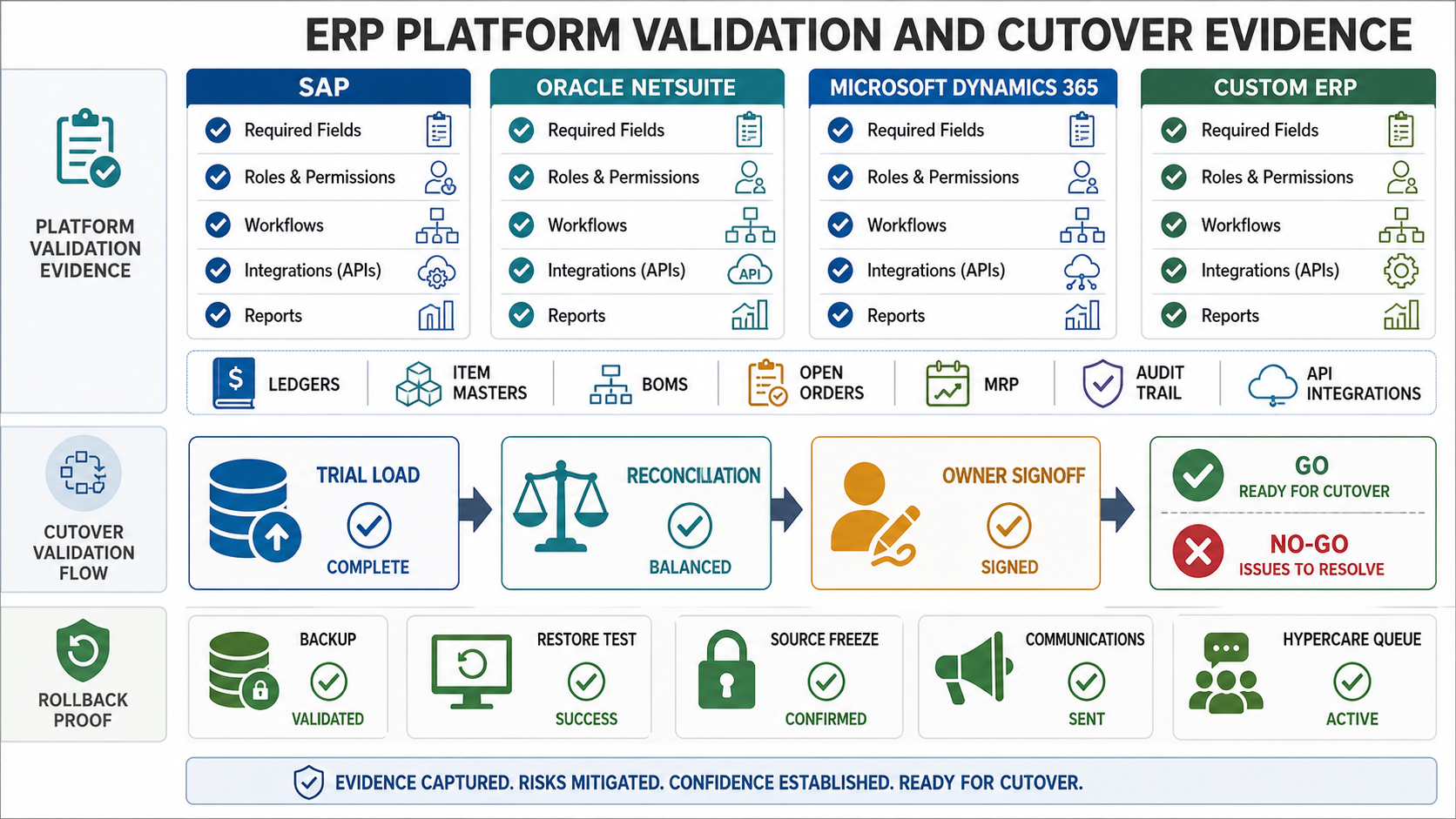 ERP platform validation and cutover evidence board for SAP, Oracle NetSuite, Microsoft Dynamics 365, and custom ERP migrations with trial load, reconciliation, owner signoff, go no-go, backup, rollback, and hypercare checks
