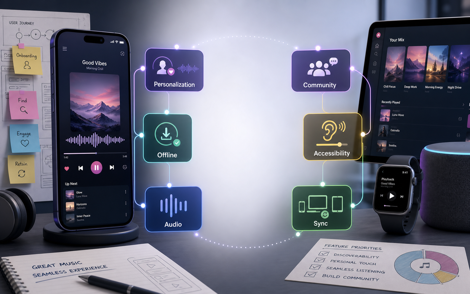 Music streaming app feature ecosystem showing discovery, playlists, personalization, offline listening, social sharing, subscriptions, and analytics.