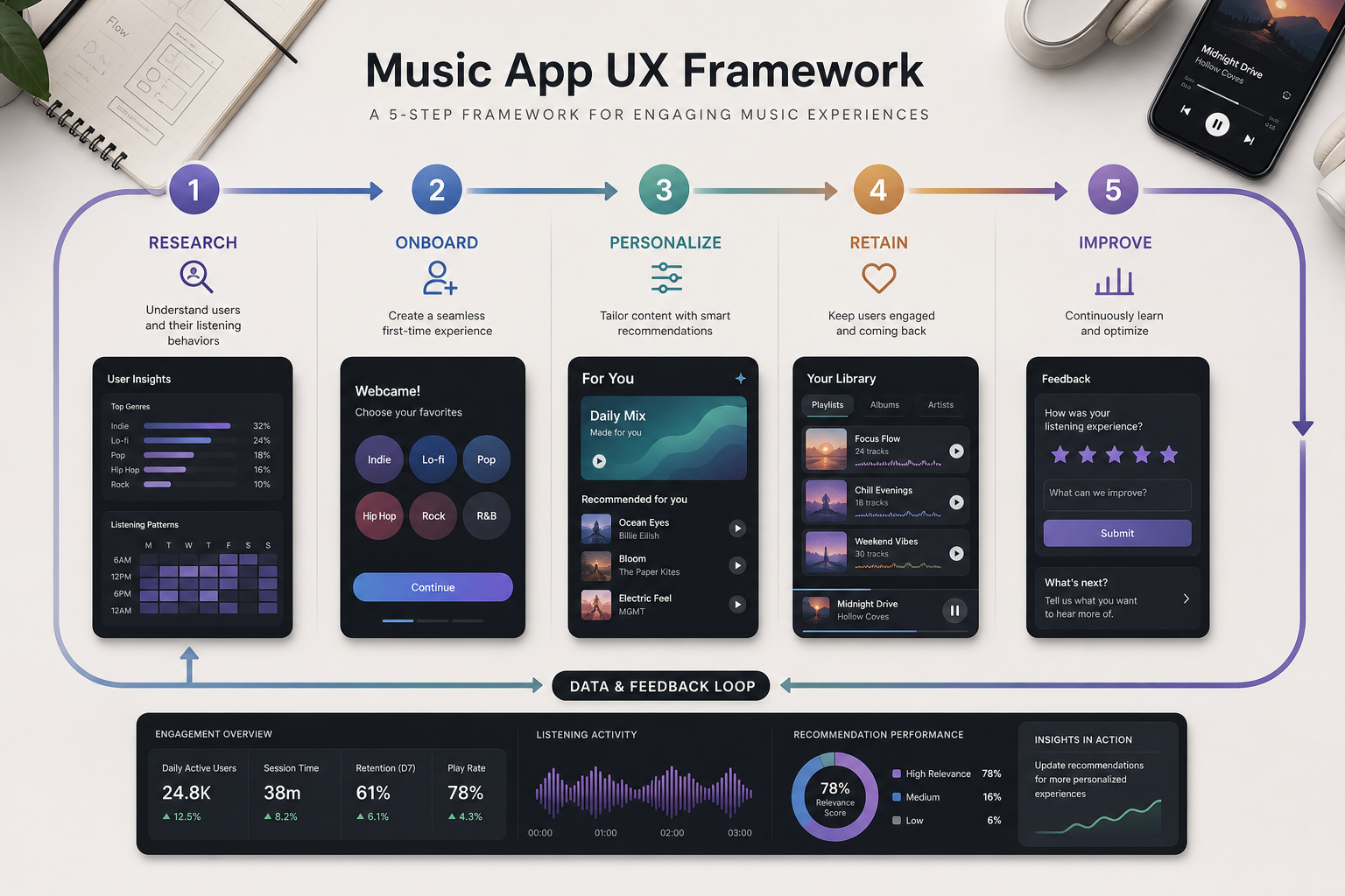 Music streaming app UX framework showing research, onboarding, personalization, retention, improvement, and feedback loops