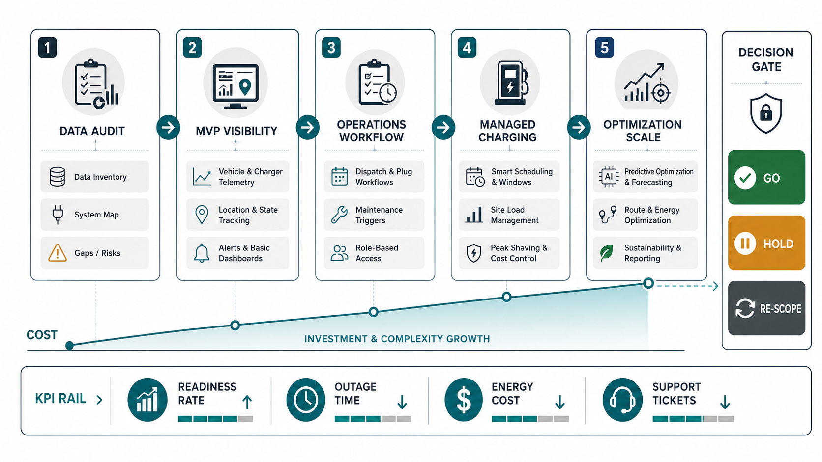 EV fleet software rollout KPI control board showing data audit, MVP visibility, operations workflow, managed charging, optimization scale, and go hold re-scope gates