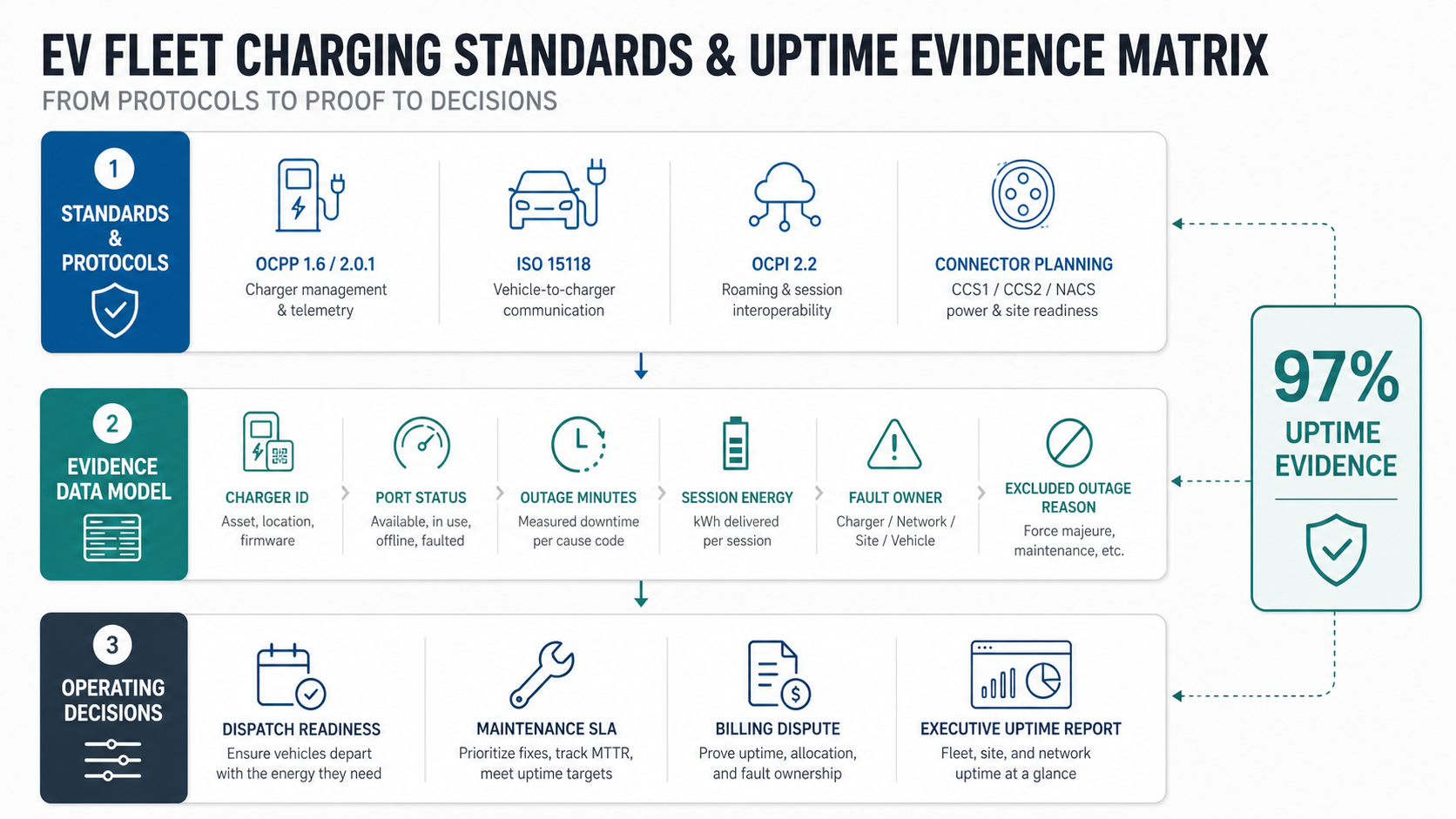 EV fleet charging standards and uptime evidence matrix connecting protocols, charger data, outage reasons, and operating decisions
