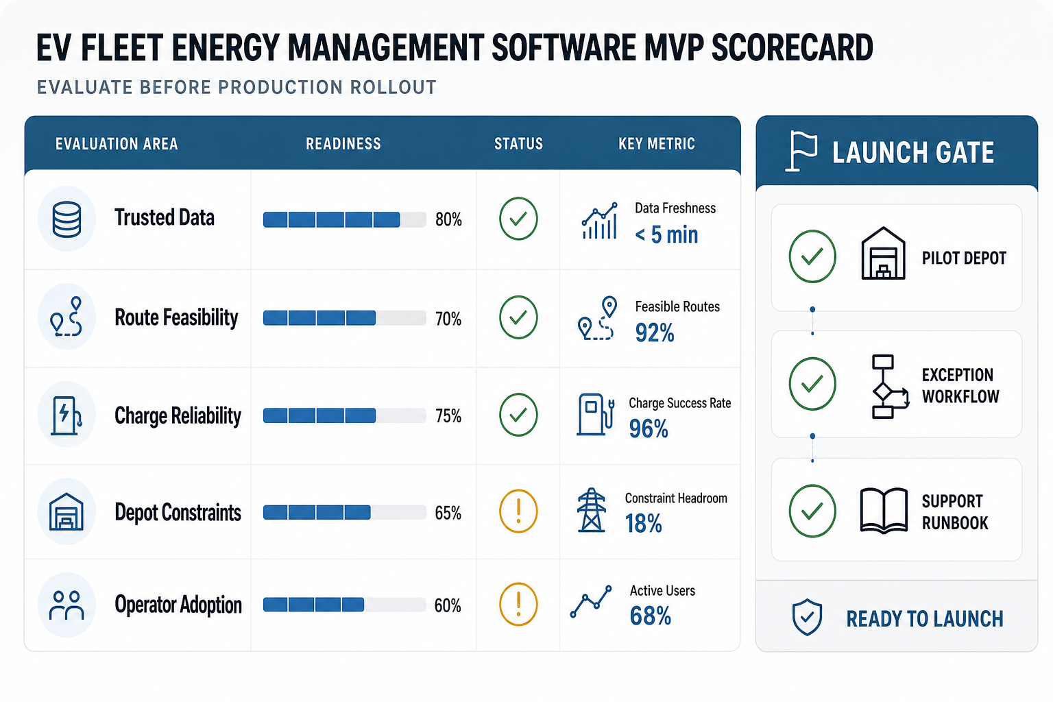 EV fleet energy management MVP launch scorecard with trusted data, route feasibility, charge reliability, depot constraints, operator adoption, and launch gates