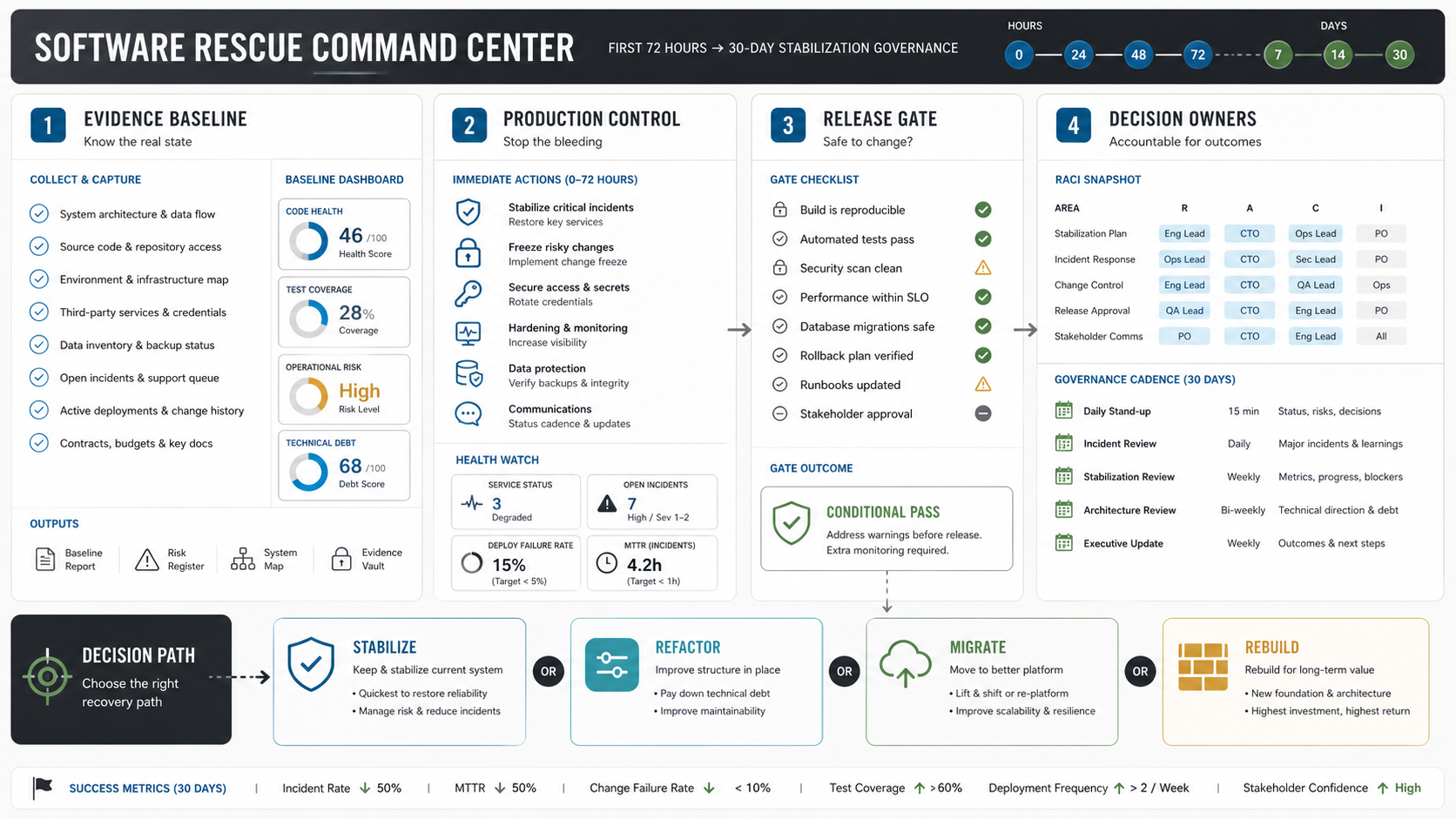 Software rescue command center showing evidence baseline, production control, release gate, decision owners, and stabilize refactor migrate rebuild paths