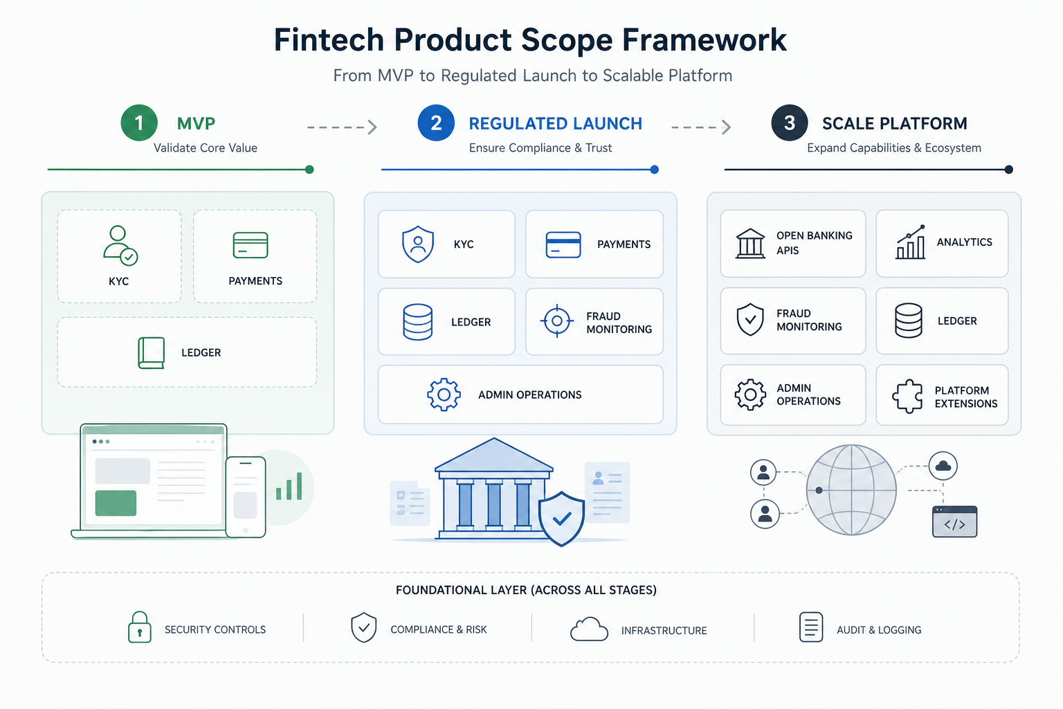 Framework showing MVP, regulated launch, and scale platform stages for a fintech app with KYC, payments, ledger, fraud monitoring, open banking, analytics, and security controls