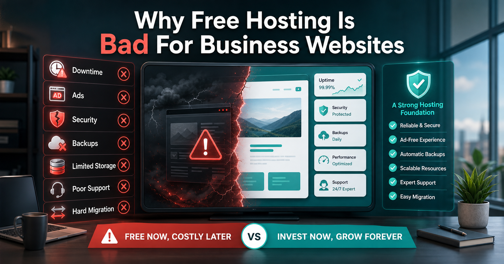 Infographic banner showing why free hosting creates downtime, ads, security, backup, storage, support, and migration risks for business websites